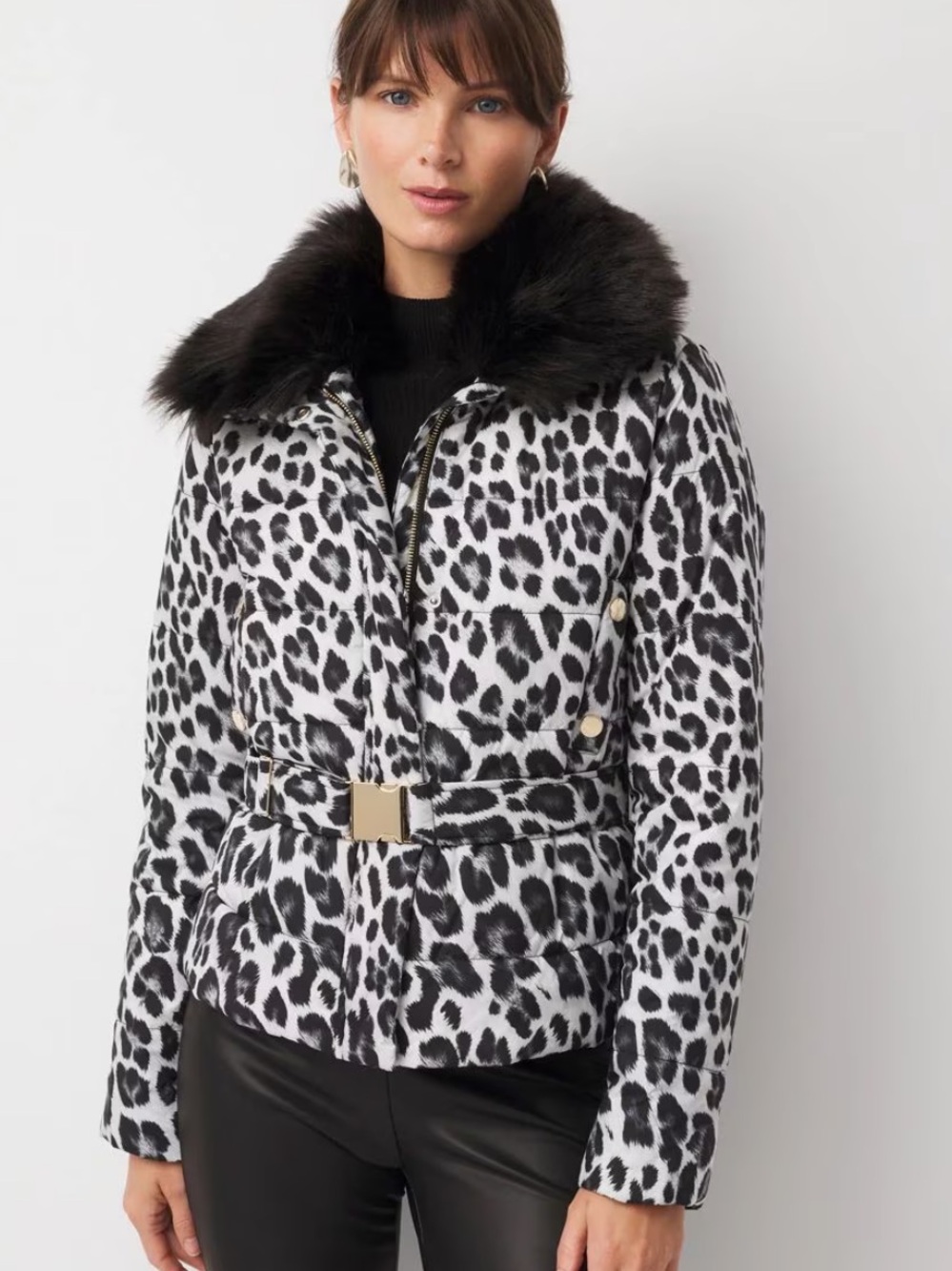 White House Black Market Faux Fur Collar Leopard Puffer Jacket, Size M, NWT